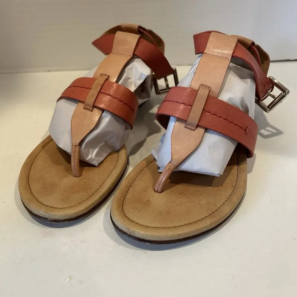 READ Coach Velevet Leather Thong Strappy Wedge Sandals Size 7 Orange/coral